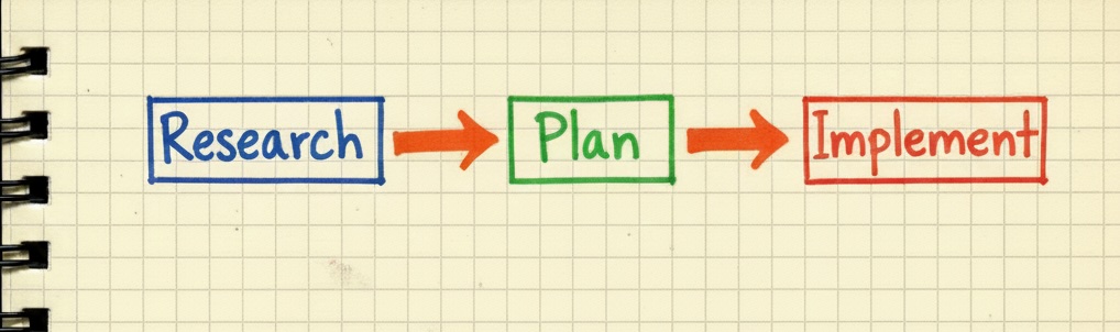 Research, Plan, Implement - A framework for AI-assisted development